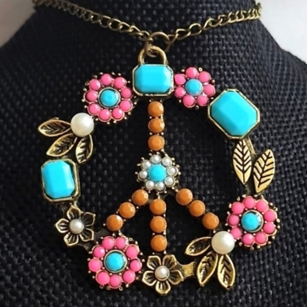 🍎  ☮️Back In Best Seller 🚩Turquoise Multi Gem  Peace Sign Pendan